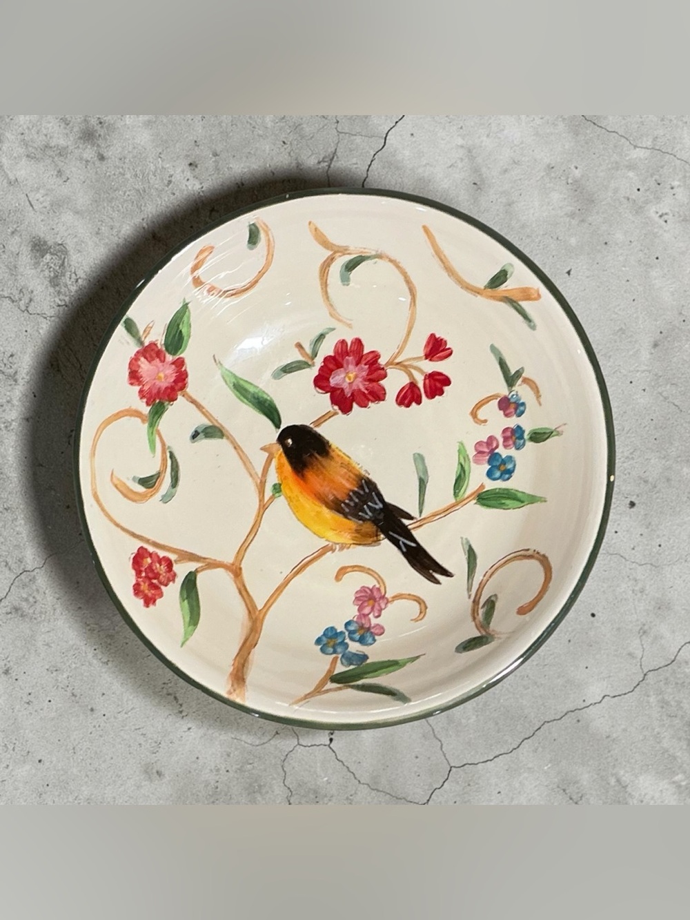Bird Beige 8-Inch Round Hand Painted Floral Decorative Bowl Green Rim